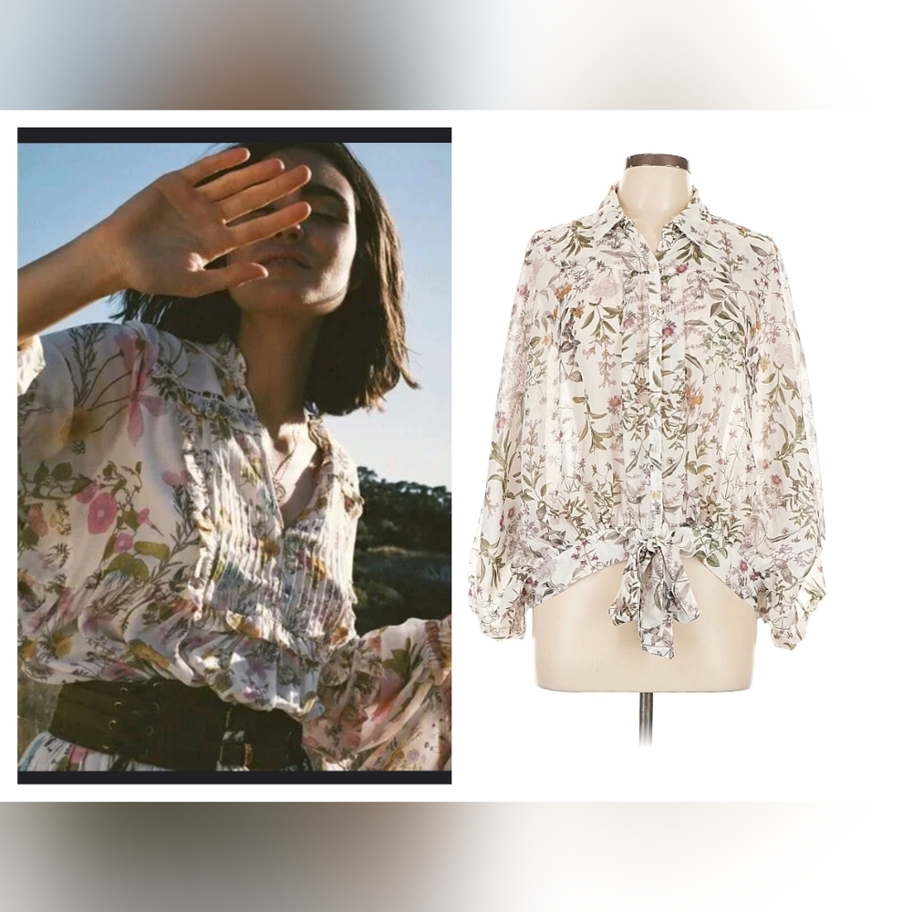 Katie's. Floral Blouse in Cream and Green